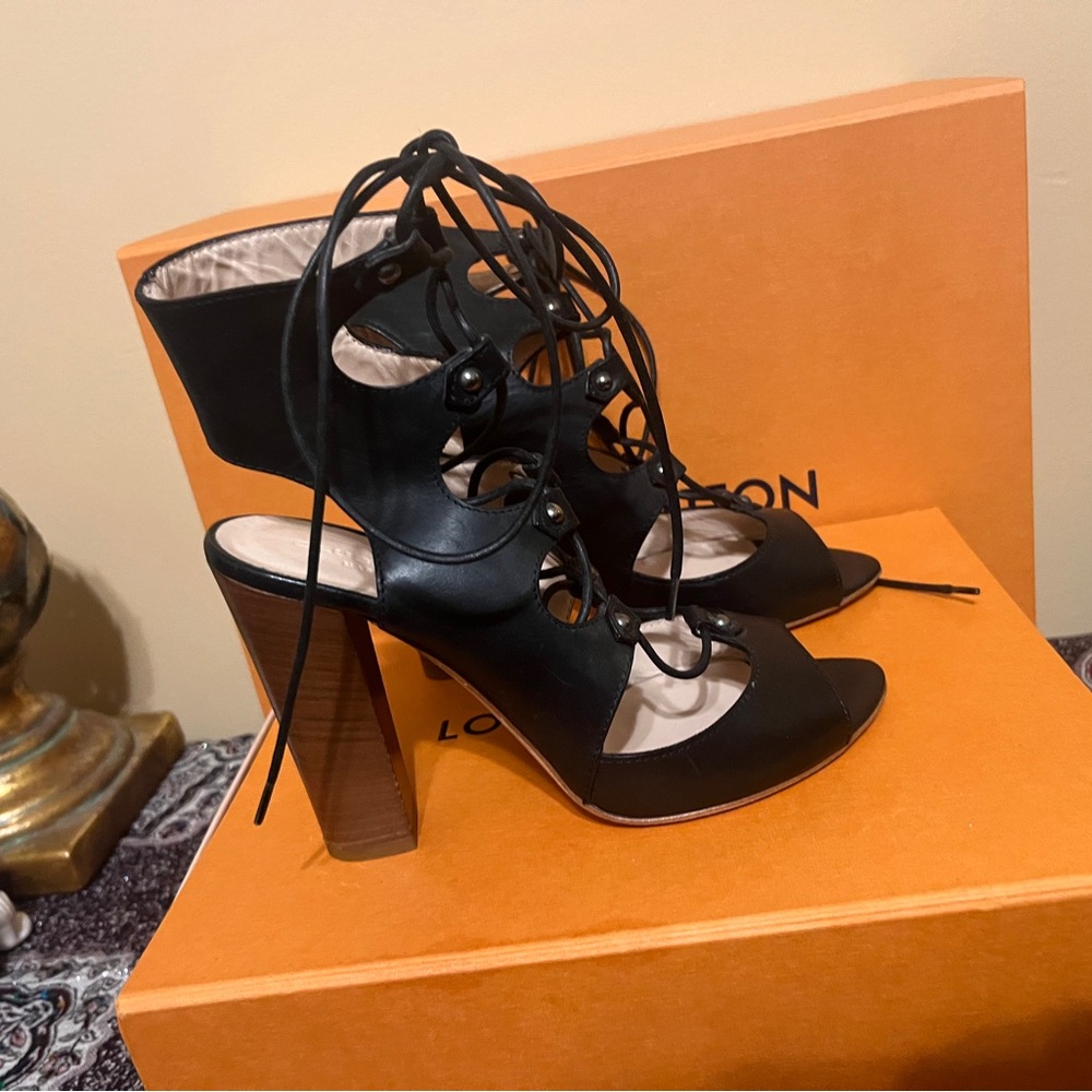 Club Monaco Black Leather Lace Up Open Toe Heels Size 7.5 / 38EU